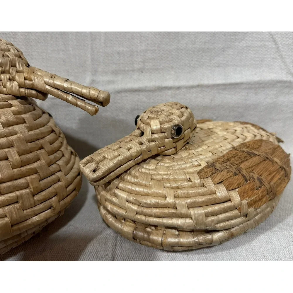 Vintage Woven Straw Duck Nesting Baskets Set of 2 Mallard Figurines with Lids